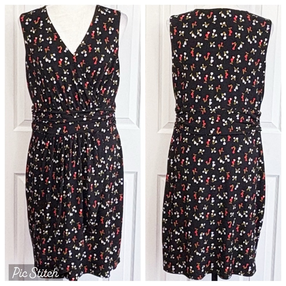Lark & Ro Black Multi Floral Sleeveless Faux Wrap Ruched Dress 14